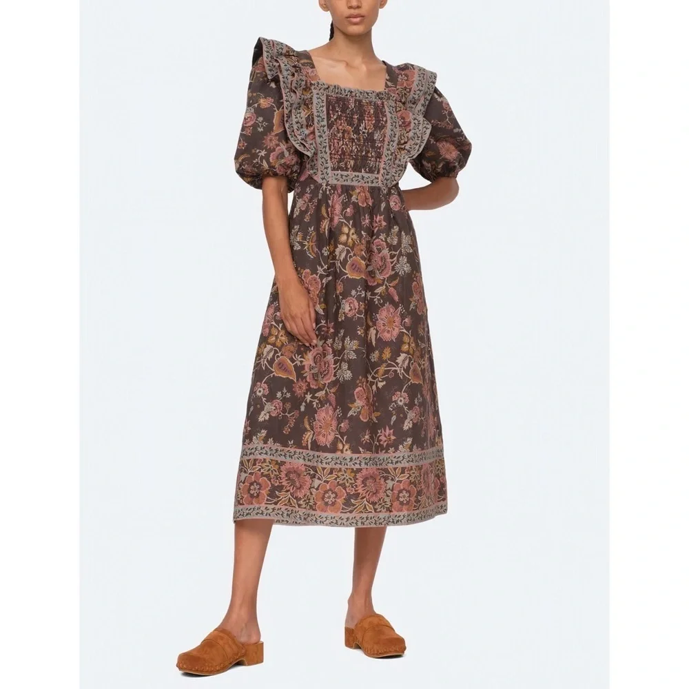 NWT SEA New York Midi Tess Print Puff Sleeve Smocked Dress - Picture 1 of 11